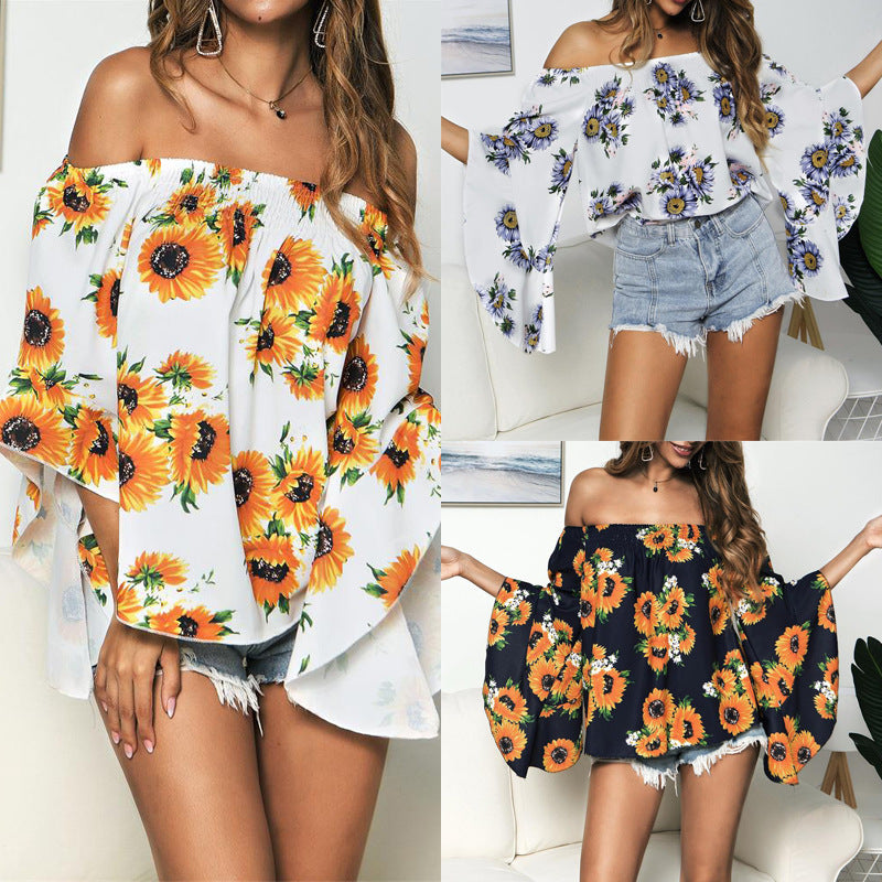 Spring And Summer New Ladies Sunflower Print One-Shoulder Off-The-Shoulder Top