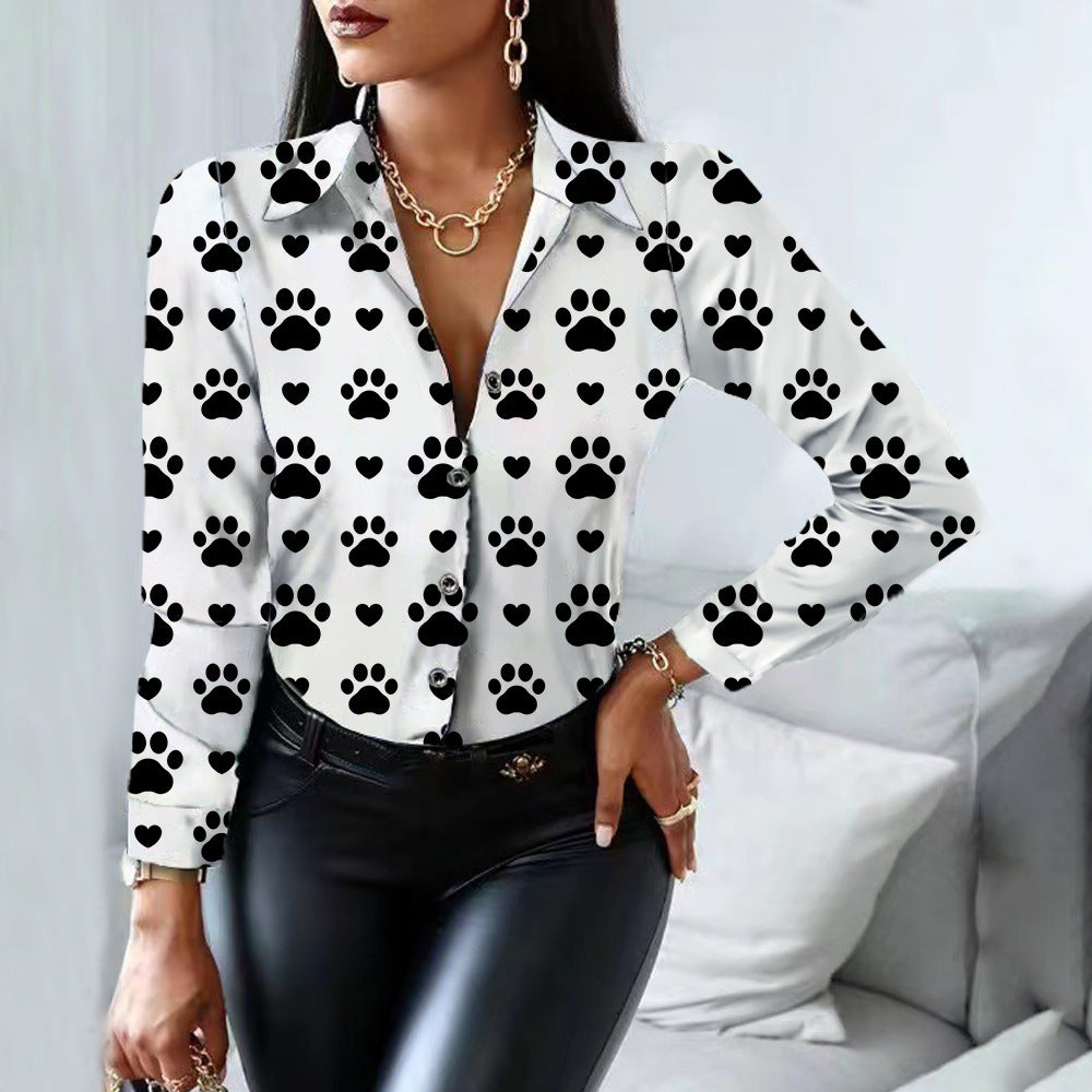 Spring And Autumn New Women's Shirts Cow Pattern Long-Sleeved Button-Up Print Shirt