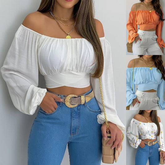 Spring/Summer European and American Women's Wear Women's Off Shoulder Cross Tie Long Sleeve Top