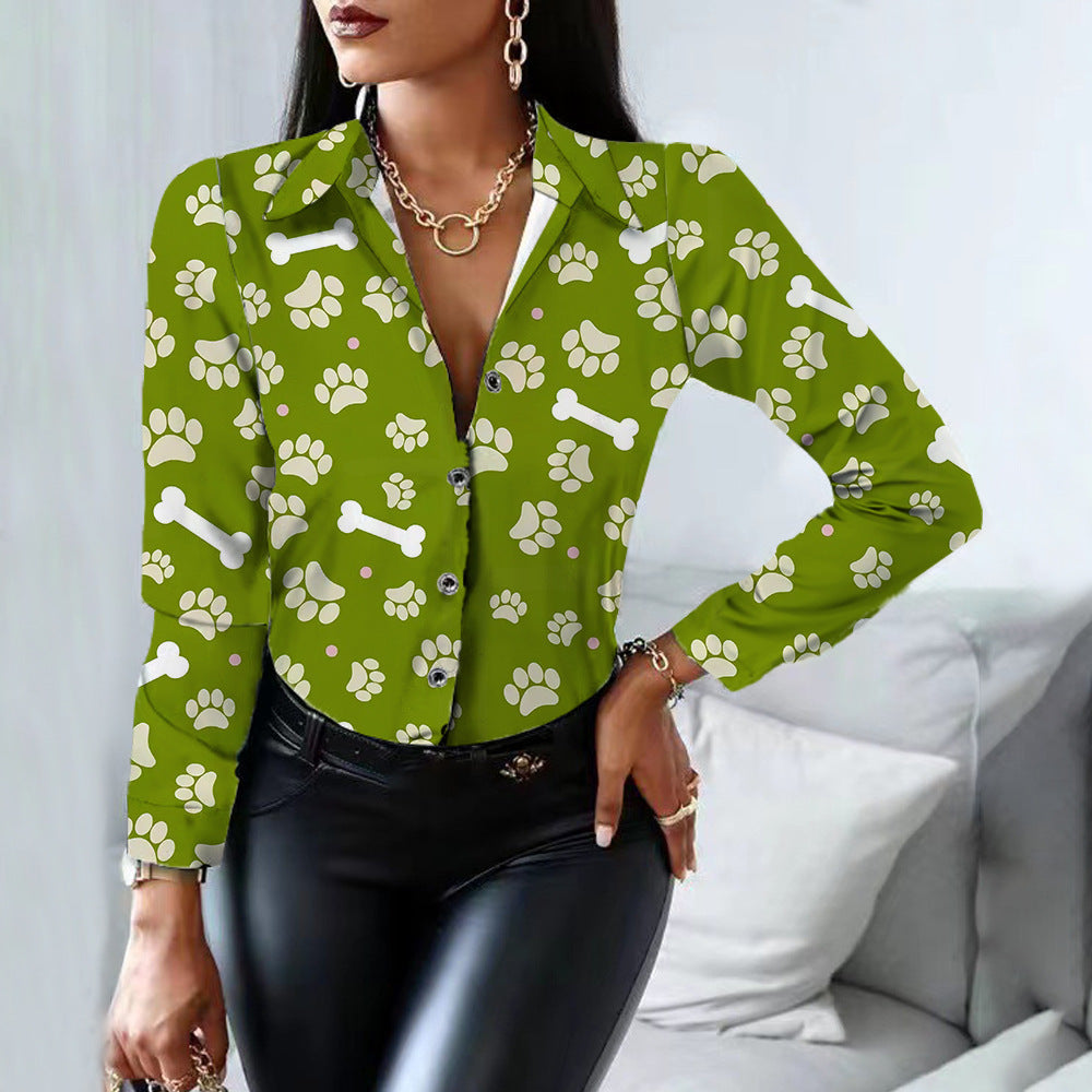 Spring And Autumn New Women's Shirts Cow Pattern Long-Sleeved Button-Up Print Shirt