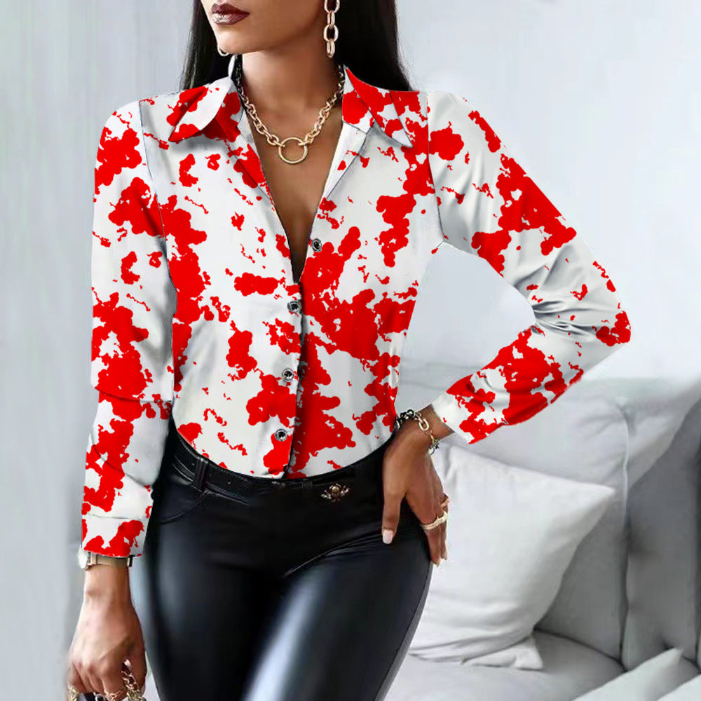 Spring And Autumn New Women's Shirts Cow Pattern Long-Sleeved Button-Up Print Shirt