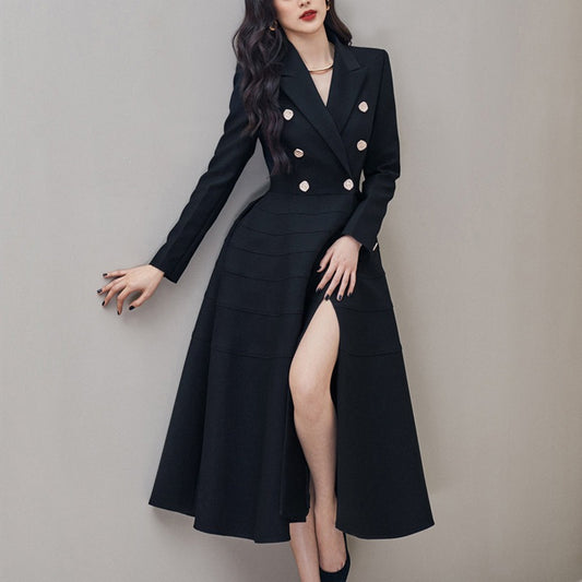 Spring New Black Long-Sleeved Rhinestone Buttons Open Western Collar Thin Swing Long Dress Celebrity Temperament