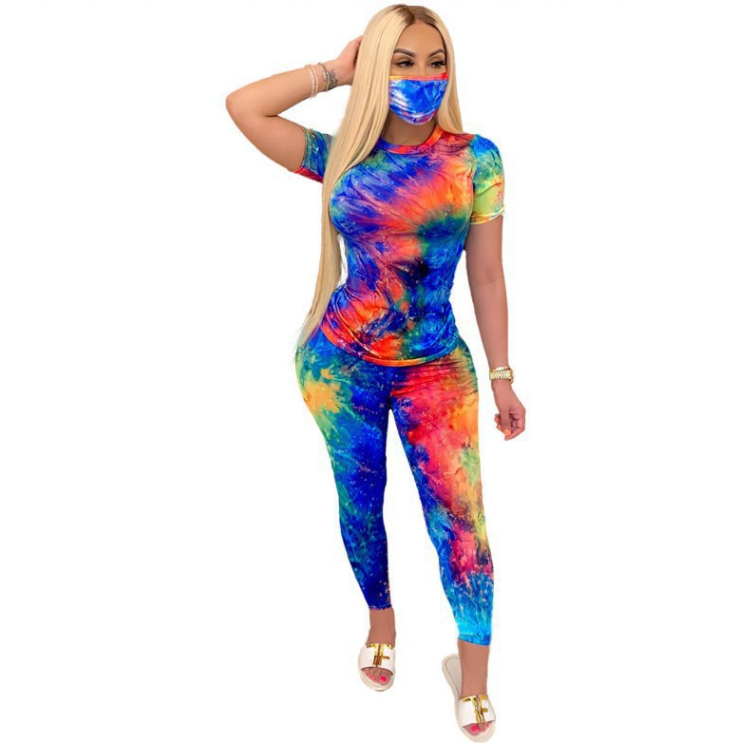 Tie-Dye Two Piece Set Women Summer Clothes Casual Sportswear 2 Piece Outfit for Women Sweat Suit Short Sleeve Top and Shorts Set include Mask