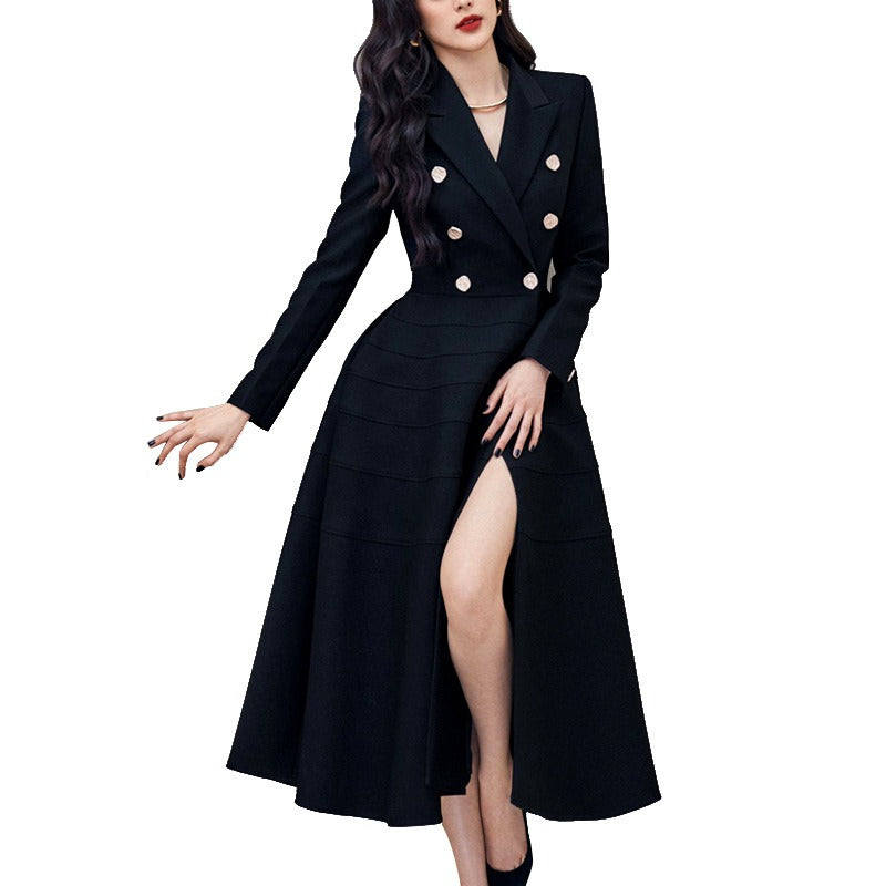 Spring New Black Long-Sleeved Rhinestone Buttons Open Western Collar Thin Swing Long Dress Celebrity Temperament