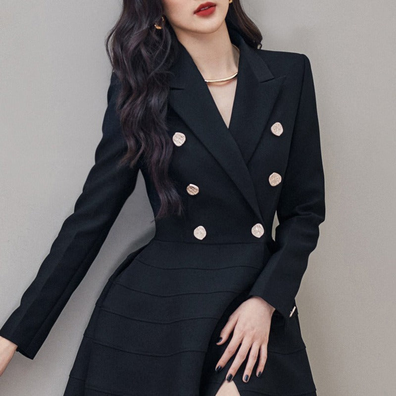 Spring New Black Long-Sleeved Rhinestone Buttons Open Western Collar Thin Swing Long Dress Celebrity Temperament