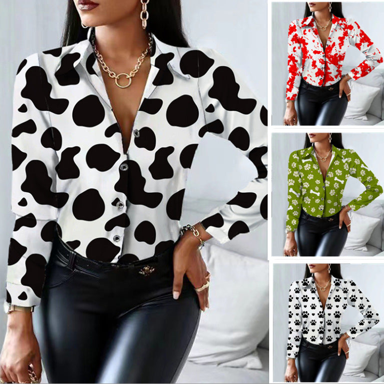 Spring And Autumn New Women's Shirts Cow Pattern Long-Sleeved Button-Up Print Shirt