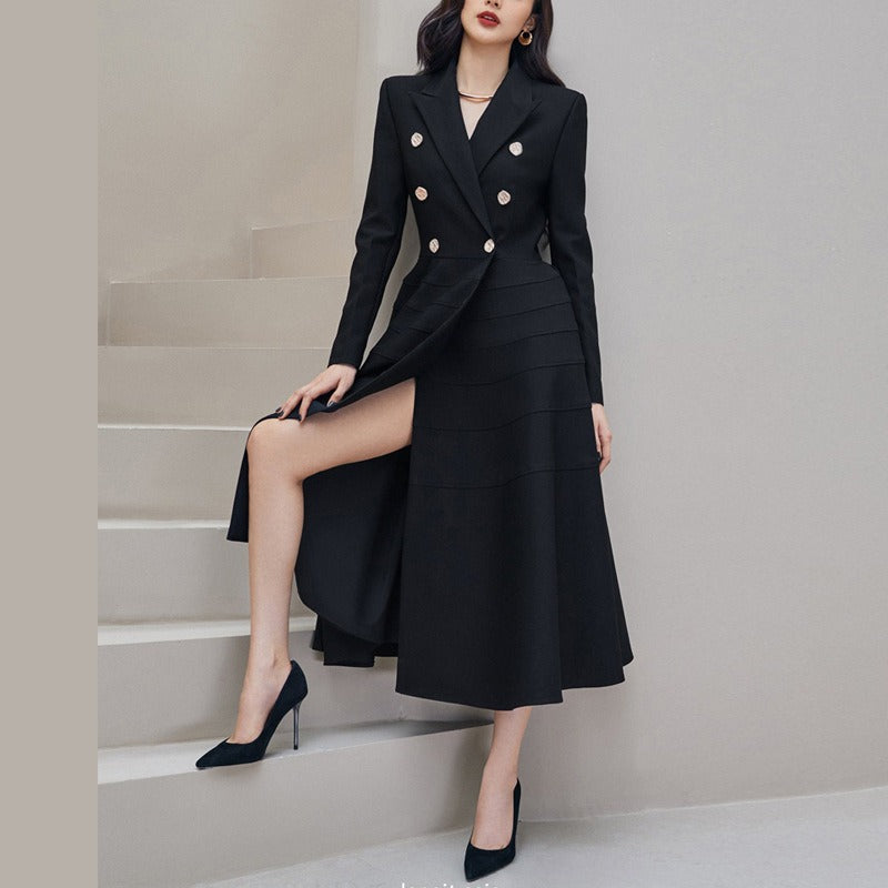 Spring New Black Long-Sleeved Rhinestone Buttons Open Western Collar Thin Swing Long Dress Celebrity Temperament