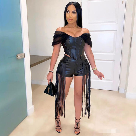 2 Piece Outfits For Women Summer 2022 New Black PU Faux Leather Off The Shoulder Crop Top Tassel Shorts Sets For Women