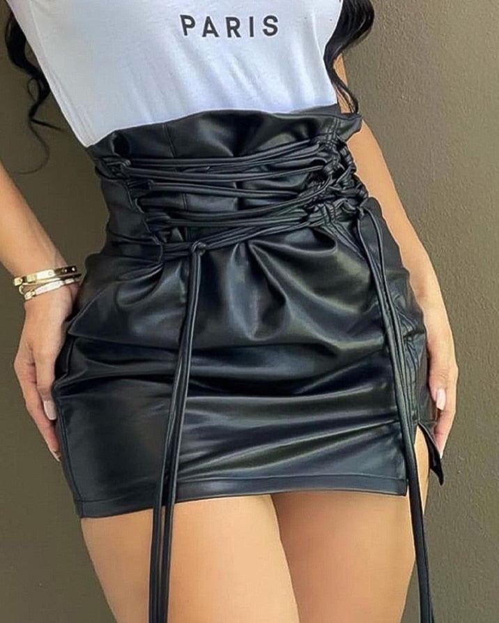 casual Lace-up High Waist PU Leather Mini Slit Skirt y2k clothes women's outfits female clothing new fashion womens bottom black