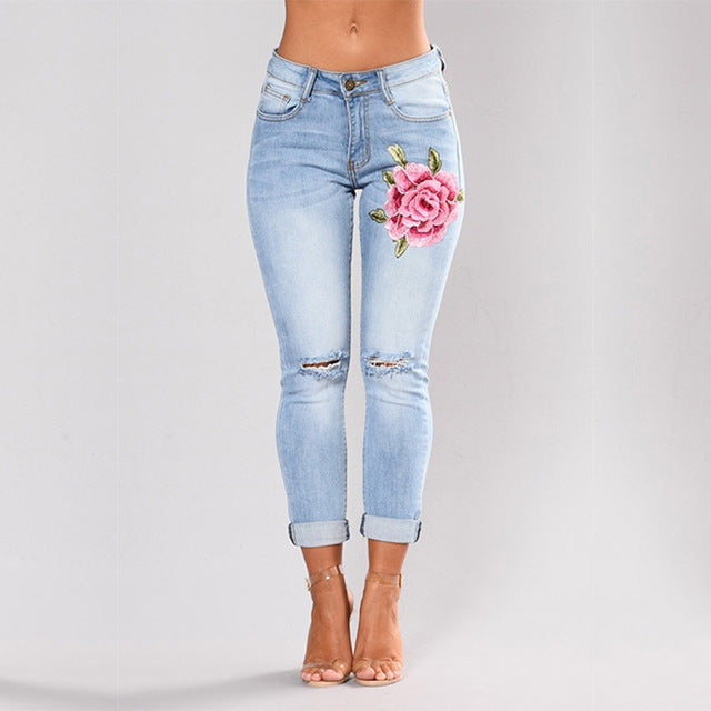 Stretch Embroidered Jeans For Women Elastic Flower Jeans Female Slim Denim Pants Hole Ripped Rose Pattern Jeans Pantalon Femme - trendy chick