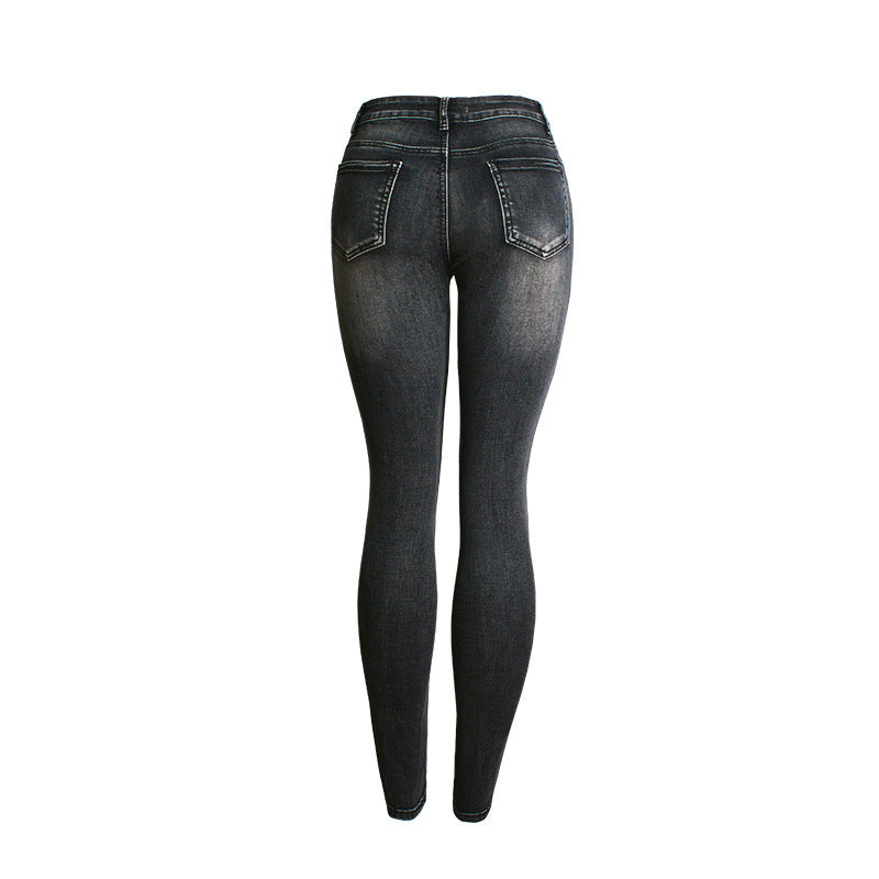 Motorcycle Style Women's Ripped Hole Slim Elastic Thin Denim Pencil Pants Pencil Pants