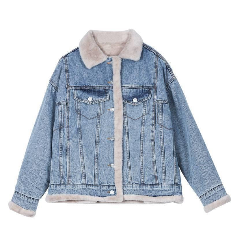 Lambswool Jacket Two Sides Wear Lambswool Denim Jacket Female Plus Down Thickened Furry Casual Cotton Clothing Loose