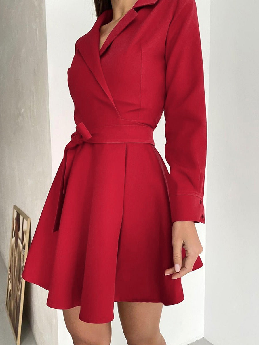 Spring New Elegant Suit Collar Long Sleeve Lace up Dress Bowknot High Waist A-line Dress