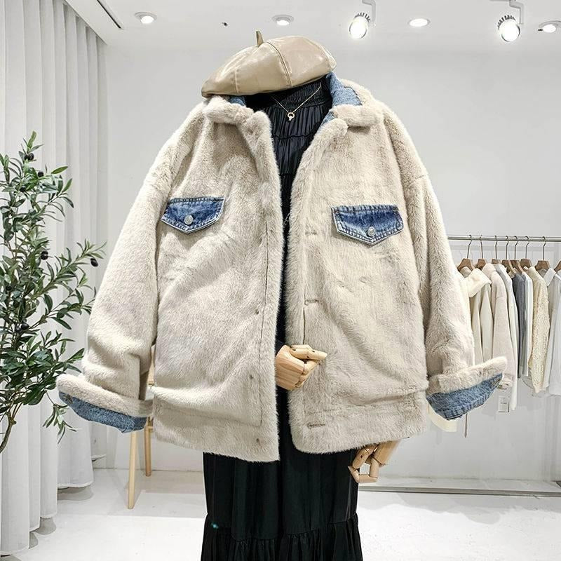 Lambswool Jacket Two Sides Wear Lambswool Denim Jacket Female Plus Down Thickened Furry Casual Cotton Clothing Loose