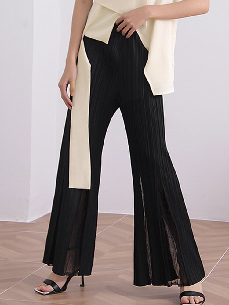 Fashion Minimalist Women's Pants New Loose Straight High Waist Spliced Mesh Pleated Trousers Female Summer - trendy chick