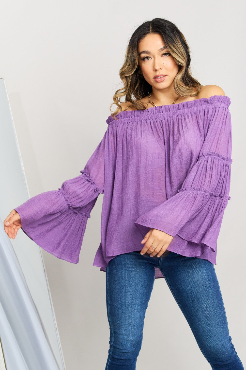 some Frill Trim Off-Shoulder Bell Sleeve Blouse