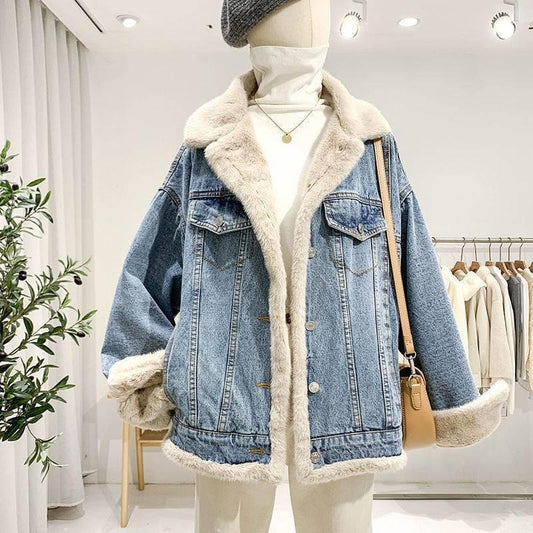 Lambswool Jacket Two Sides Wear Lambswool Denim Jacket Female Plus Down Thickened Furry Casual Cotton Clothing Loose