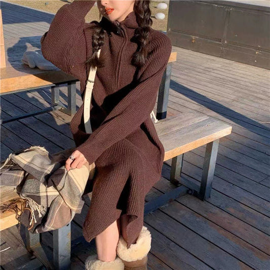 Knee-Length Knitted Sweater Dress Women's Autumn And Winter Long New Loose Retro Zipper Skirt Knitted Dress