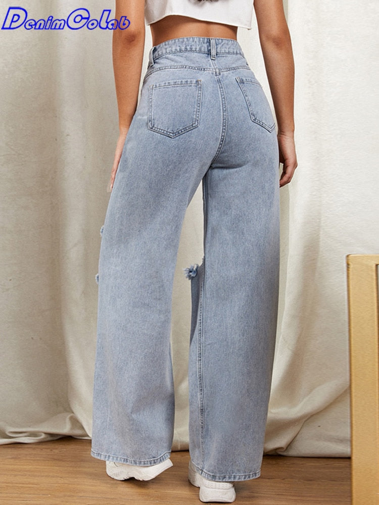 Hole Washed Wide Leg Pants Jeans Women Loose Boyfriend Jeans 100% Cotton Mom Jeans Casual Trousers Denim Pants - trendy chick