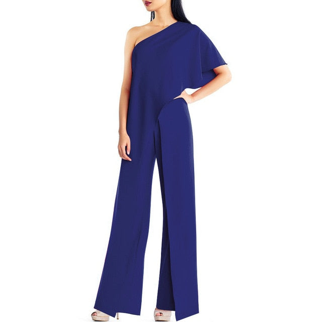 One Shoulder Jumpsuit Casual Solid Off Shoulder Ruffles High Waist Wide Leg Pants Jumpsuit - trendy chick