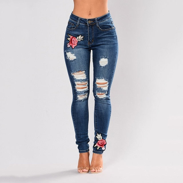 Stretch Embroidered Jeans For Women Elastic Flower Jeans Female Slim Denim Pants Hole Ripped Rose Pattern Jeans Pantalon Femme - trendy chick