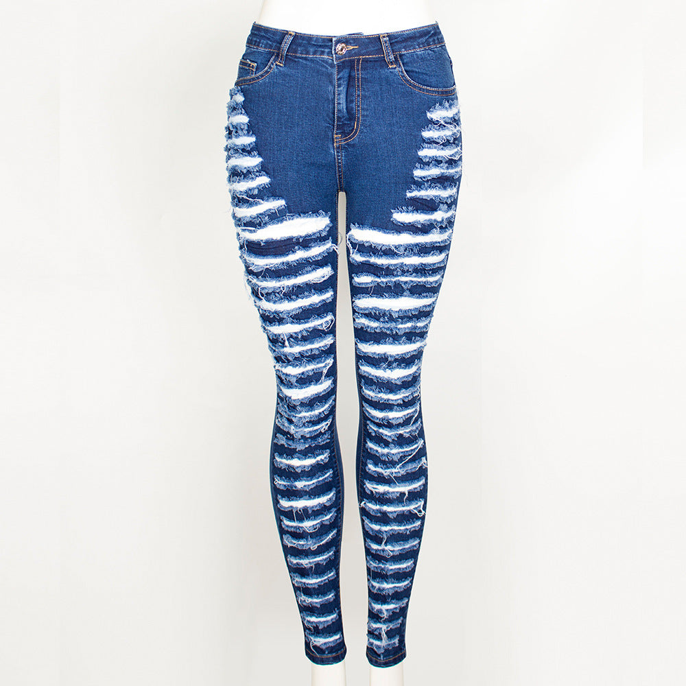 Sexy Personality Ripped Hole Washed Slim Stretch Denim Beggar Pencil Pants