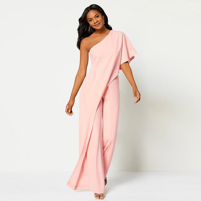 One Shoulder Jumpsuit Casual Solid Off Shoulder Ruffles High Waist Wide Leg Pants Jumpsuit - trendy chick