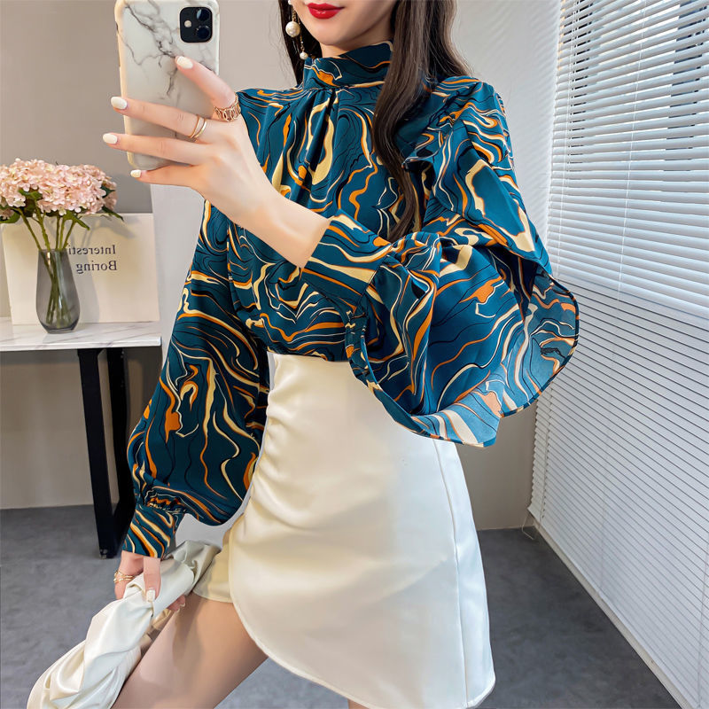 Spring Autumn Women's Clothing Stripe Print Lantern Sleeve Tops Elegant Fashion Loose Chiffon O Neck Comfortable Wild T-shirts