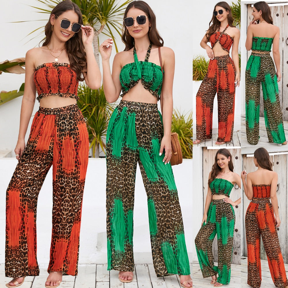 Summer New Suit Slim Fit Bustier Hanging Neck Top Printed Wide Leg Pants Casual Fashion Pants Set