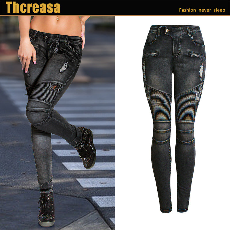 Motorcycle Style Women's Ripped Hole Slim Elastic Thin Denim Pencil Pants Pencil Pants