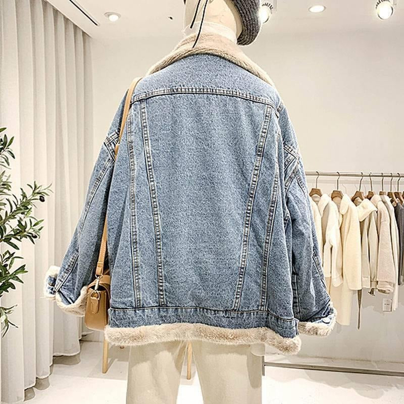 Lambswool Jacket Two Sides Wear Lambswool Denim Jacket Female Plus Down Thickened Furry Casual Cotton Clothing Loose