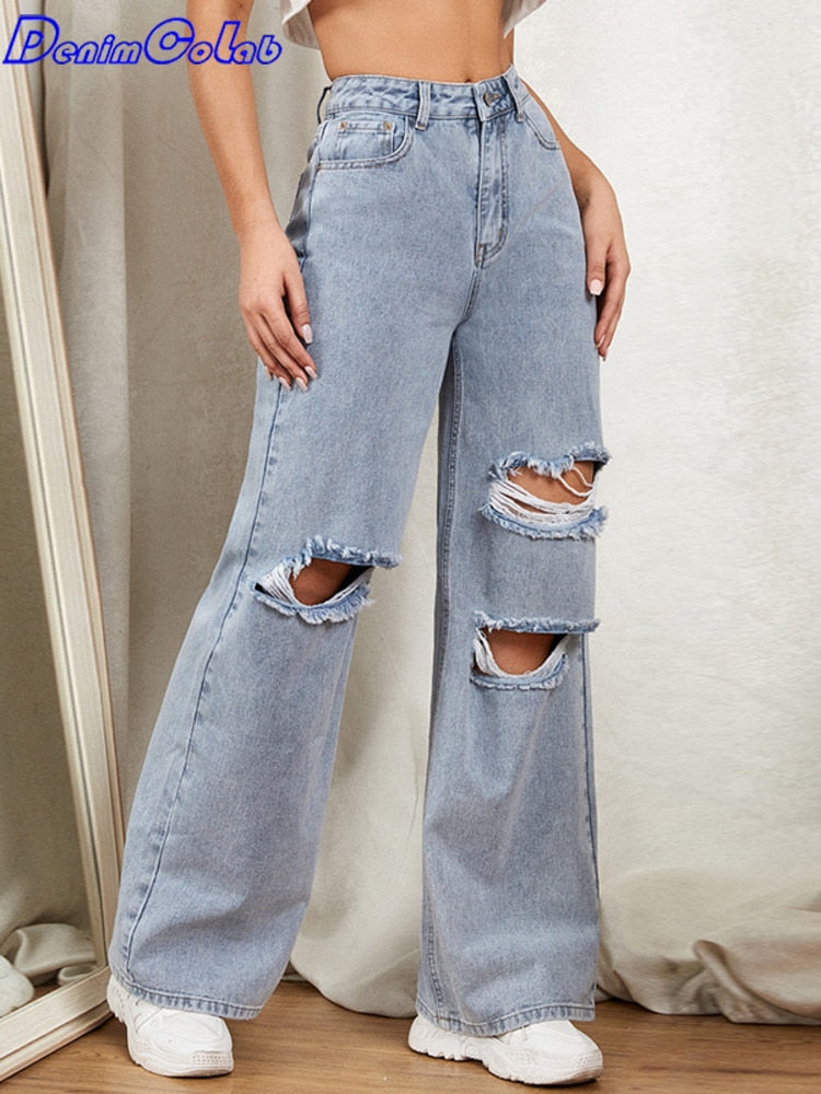 Hole Washed Wide Leg Pants Jeans Women Loose Boyfriend Jeans 100% Cotton Mom Jeans Casual Trousers Denim Pants - trendy chick