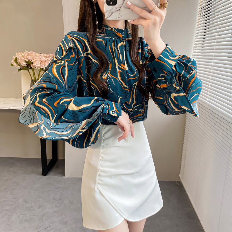 Spring Autumn Women's Clothing Stripe Print Lantern Sleeve Tops Elegant Fashion Loose Chiffon O Neck Comfortable Wild T-shirts