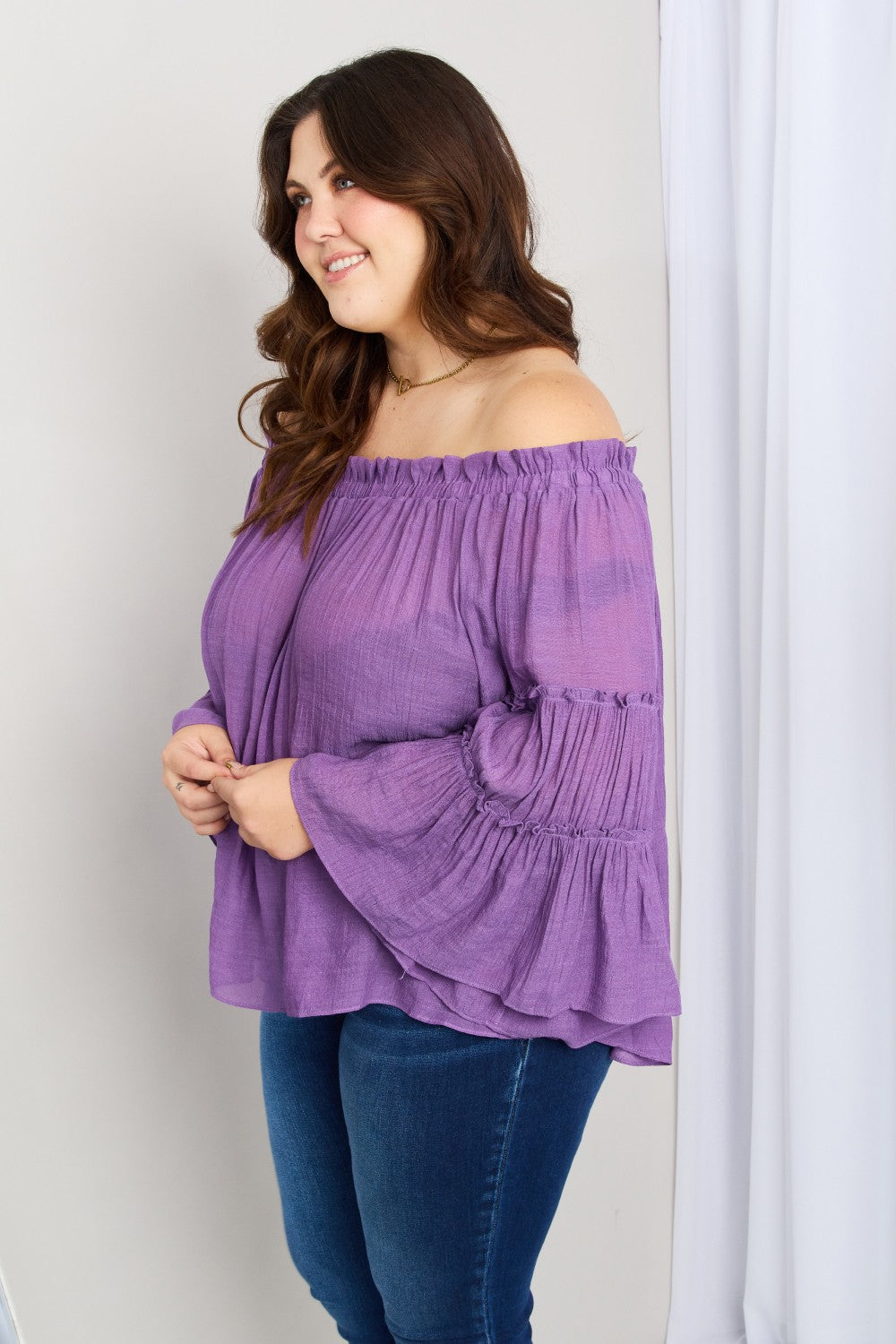 some Frill Trim Off-Shoulder Bell Sleeve Blouse