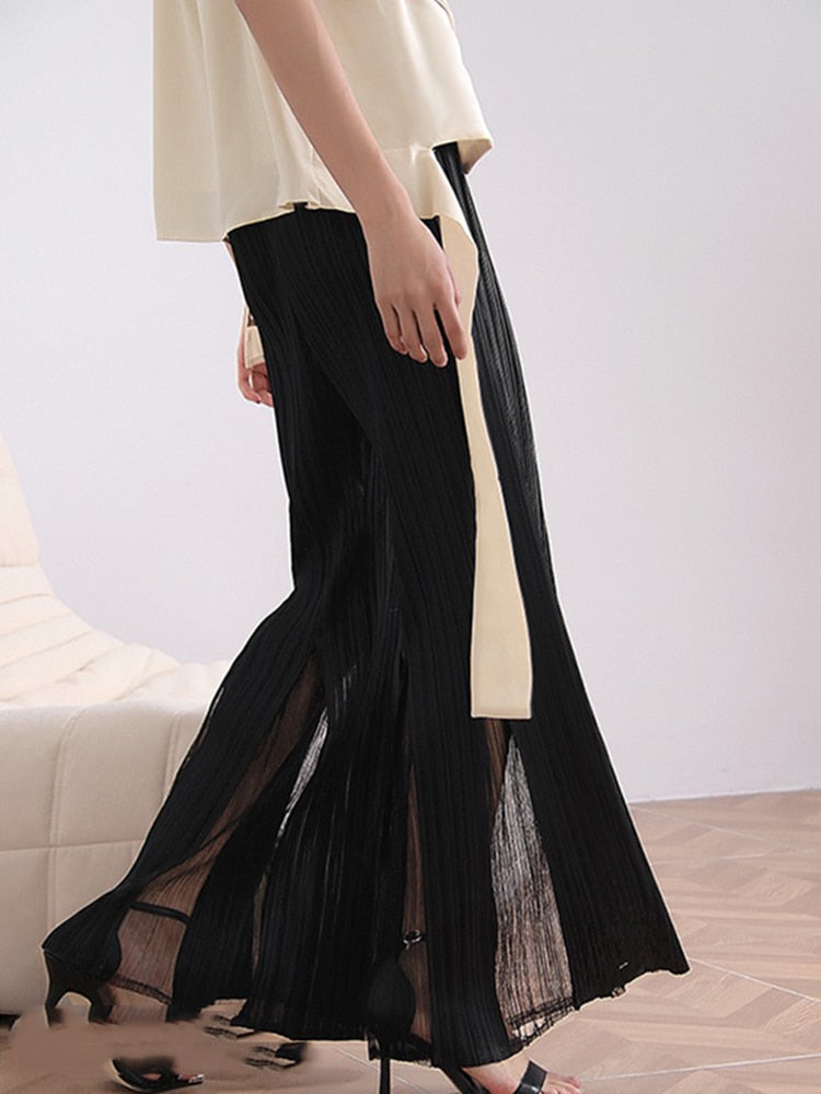 Fashion Minimalist Women's Pants New Loose Straight High Waist Spliced Mesh Pleated Trousers Female Summer - trendy chick