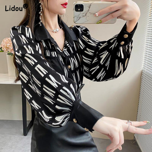 Office Lady Turn-down Collar Button Open Stitch Thin Blouses Print Lantern Sleeve Straight Women Shirt Spring Autumn Clothing