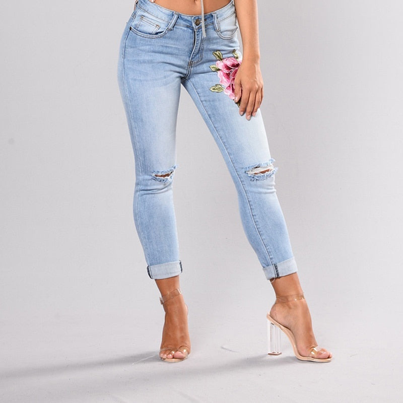 Stretch Embroidered Jeans For Women Elastic Flower Jeans Female Slim Denim Pants Hole Ripped Rose Pattern Jeans Pantalon Femme - trendy chick