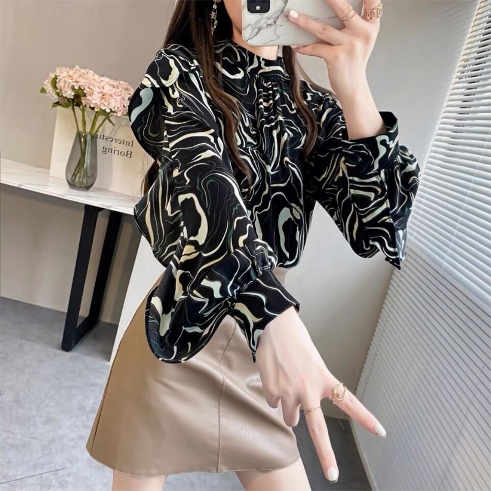 Spring Autumn Women's Clothing Stripe Print Lantern Sleeve Tops Elegant Fashion Loose Chiffon O Neck Comfortable Wild T-shirts