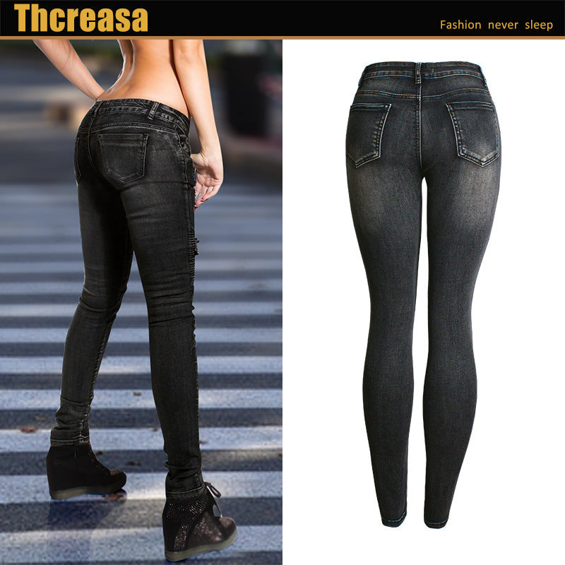 Motorcycle Style Women's Ripped Hole Slim Elastic Thin Denim Pencil Pants Pencil Pants