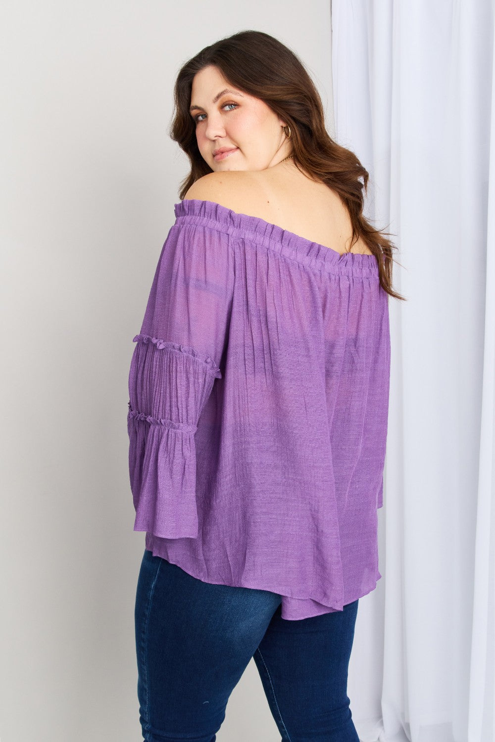 some Frill Trim Off-Shoulder Bell Sleeve Blouse