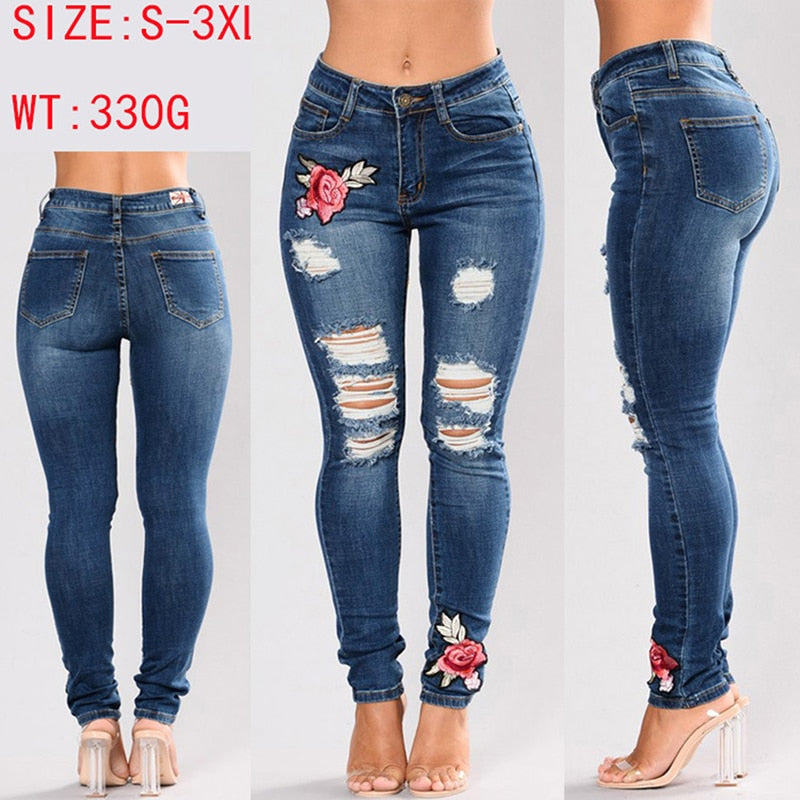 Stretch Embroidered Jeans For Women Elastic Flower Jeans Female Slim Denim Pants Hole Ripped Rose Pattern Jeans Pantalon Femme - trendy chick