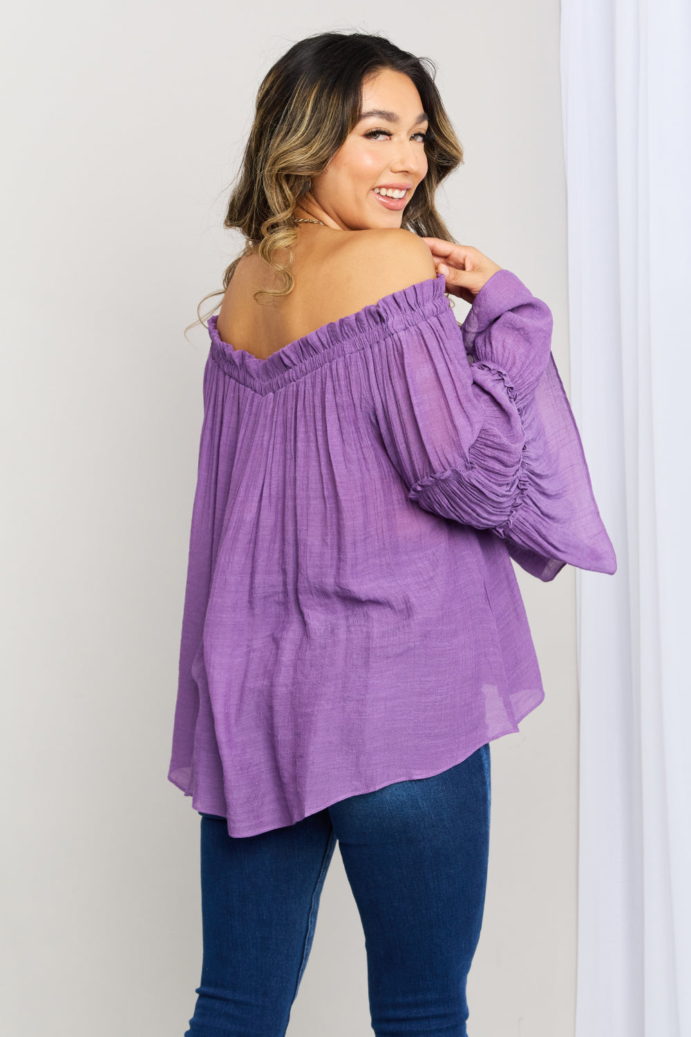 some Frill Trim Off-Shoulder Bell Sleeve Blouse