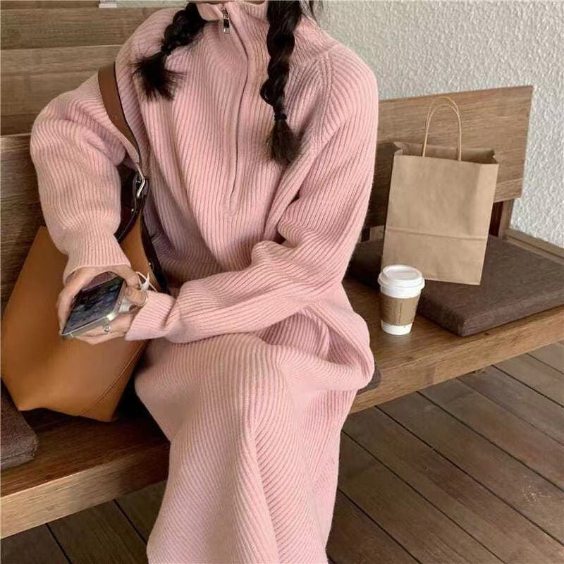 Knee-Length Knitted Sweater Dress Women's Autumn And Winter Long New Loose Retro Zipper Skirt Knitted Dress