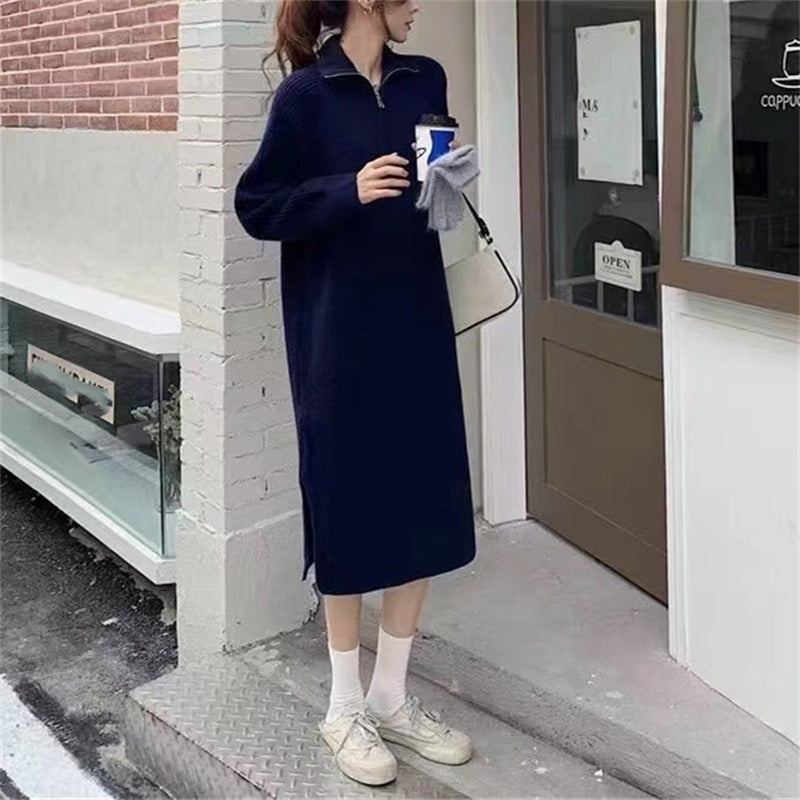 Knee-Length Knitted Sweater Dress Women's Autumn And Winter Long New Loose Retro Zipper Skirt Knitted Dress