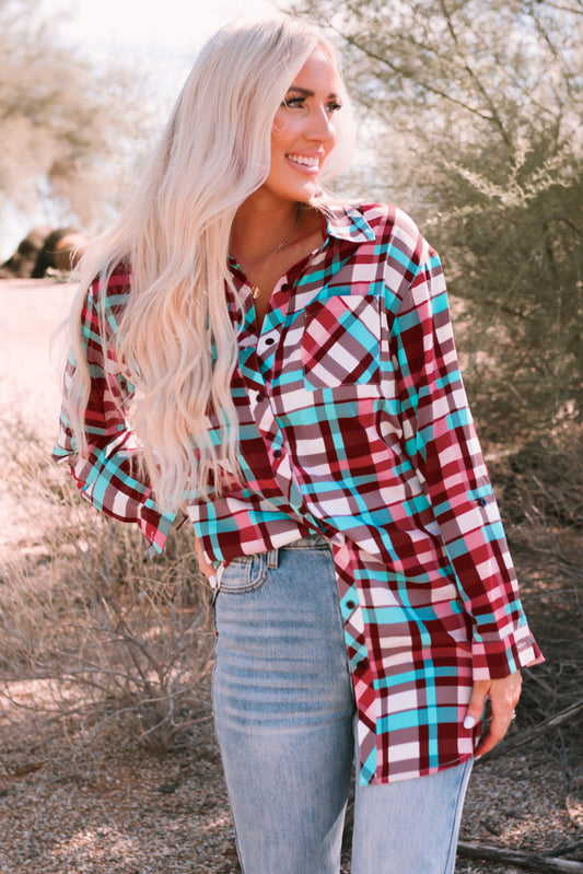 Plaid Button-Up Longline Shirt - trendy chick