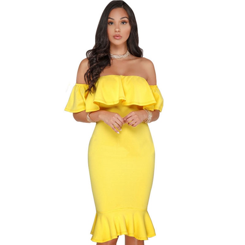 Elegant Yellow Off Shoulder Party Short Dress Women Sexy Backless Ruffles Sleeve Club Dresses Female Clothing