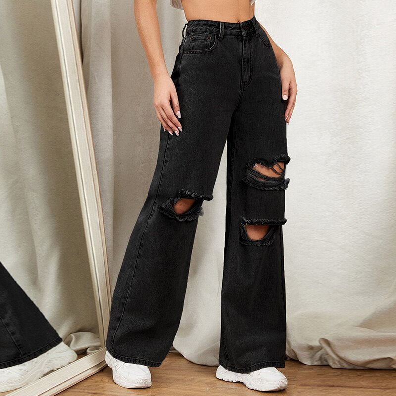 Hole Washed Wide Leg Pants Jeans Women Loose Boyfriend Jeans 100% Cotton Mom Jeans Casual Trousers Denim Pants - trendy chick