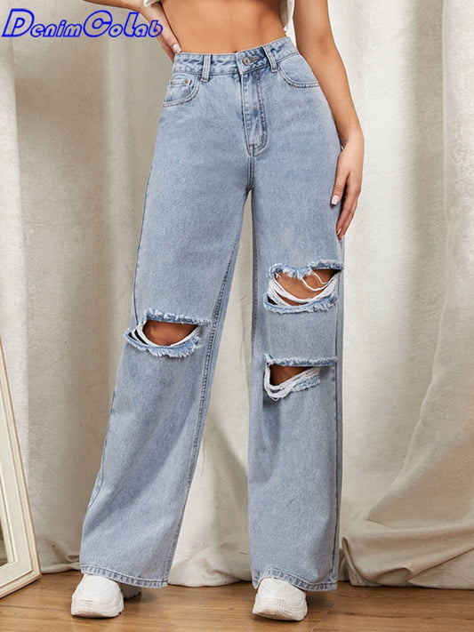 Hole Washed Wide Leg Pants Jeans Women Loose Boyfriend Jeans 100% Cotton Mom Jeans Casual Trousers Denim Pants - trendy chick