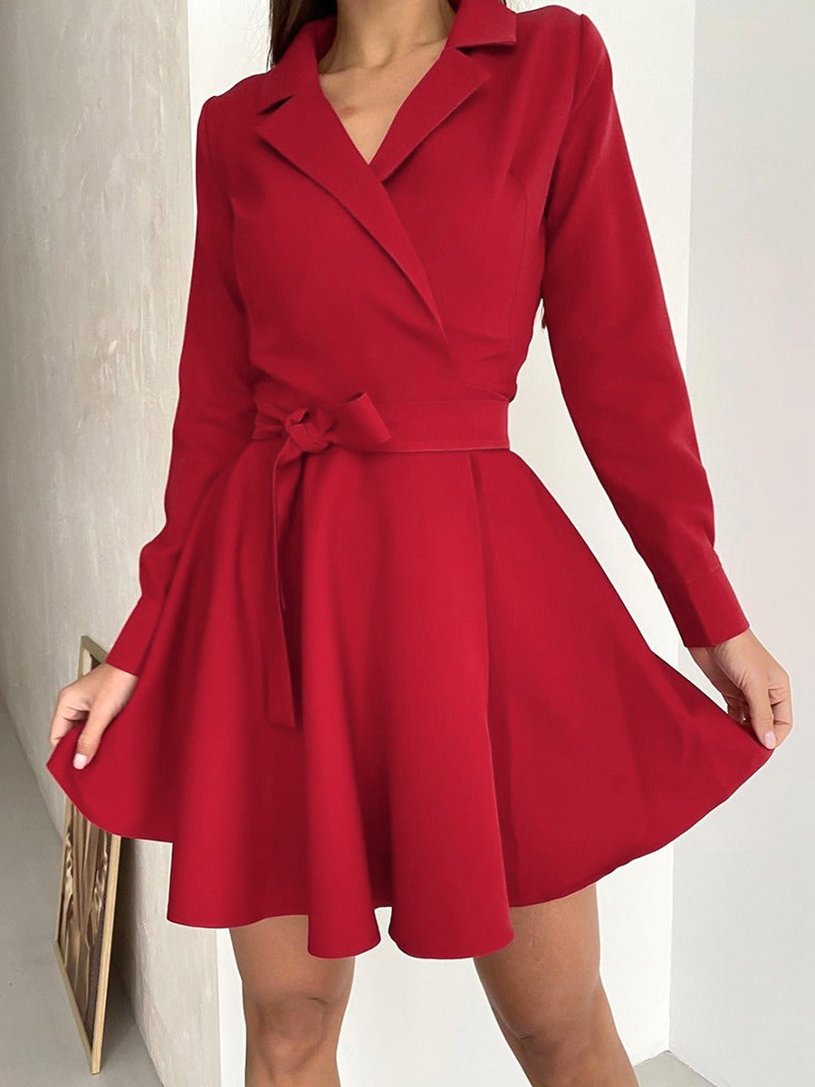 Spring New Elegant Suit Collar Long Sleeve Lace up Dress Bowknot High Waist A-line Dress