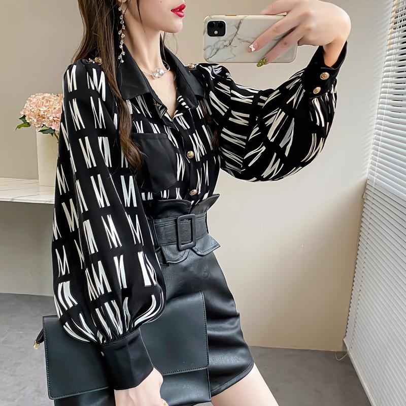 Office Lady Turn-down Collar Button Open Stitch Thin Blouses Print Lantern Sleeve Straight Women Shirt Spring Autumn Clothing